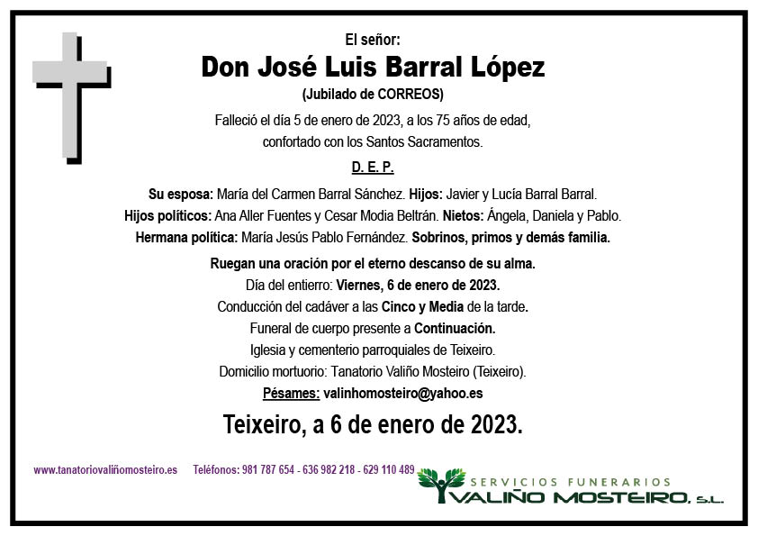 Esquela de José Luis Barral López.